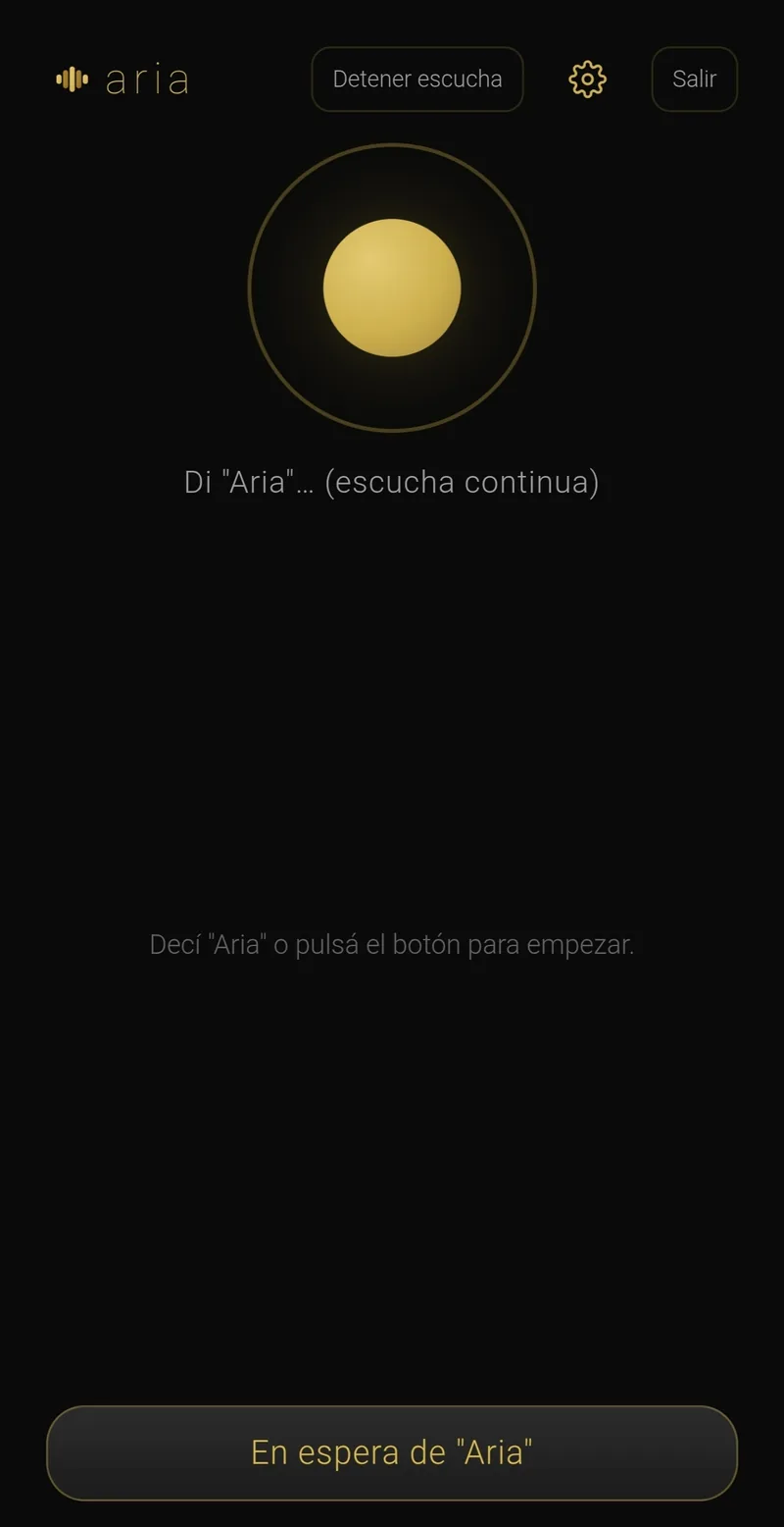 Continuous on-device listening: audio never leaves until you say “Aria”.
