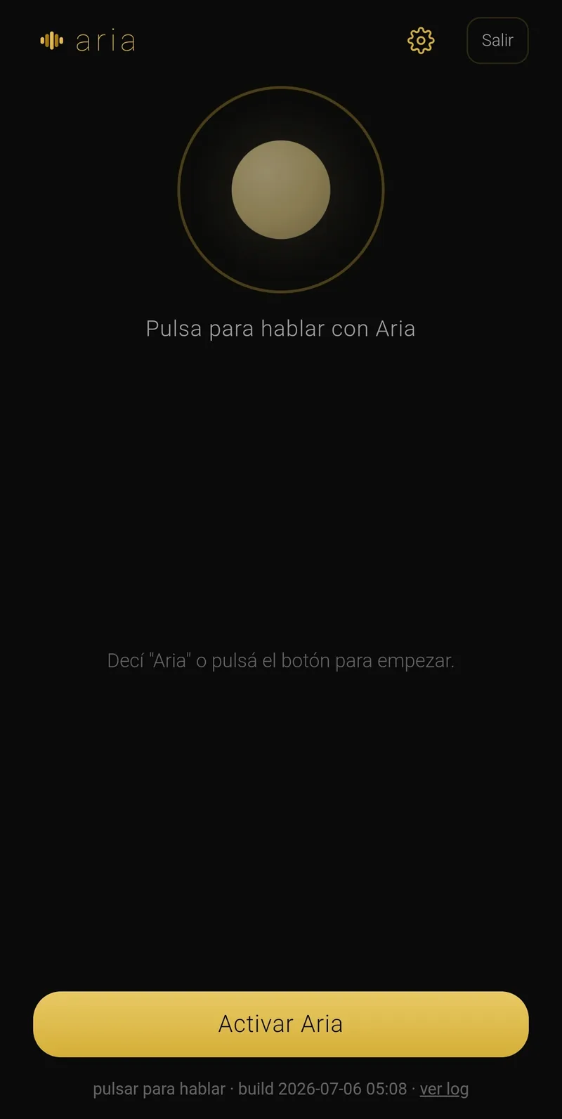 The main screen: tap to talk, or turn on wake-word listening.