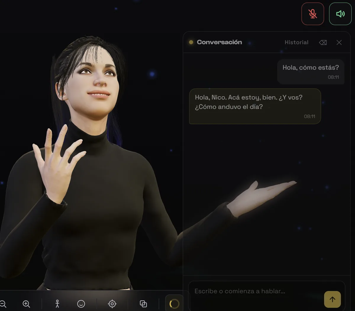 Live conversation: voice, gesture and facial life while it replies with its own memory.