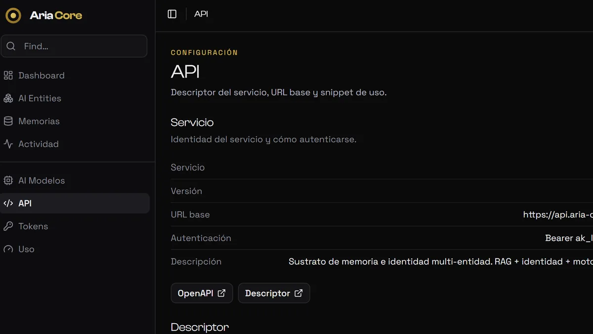 API: service descriptor, OpenAPI and authentication — all operable by an AI.