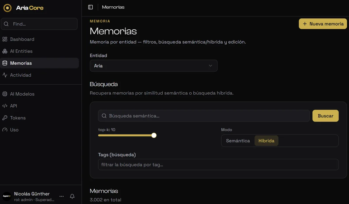 Memories: semantic or hybrid search over each entity's memory, with filters and tags.