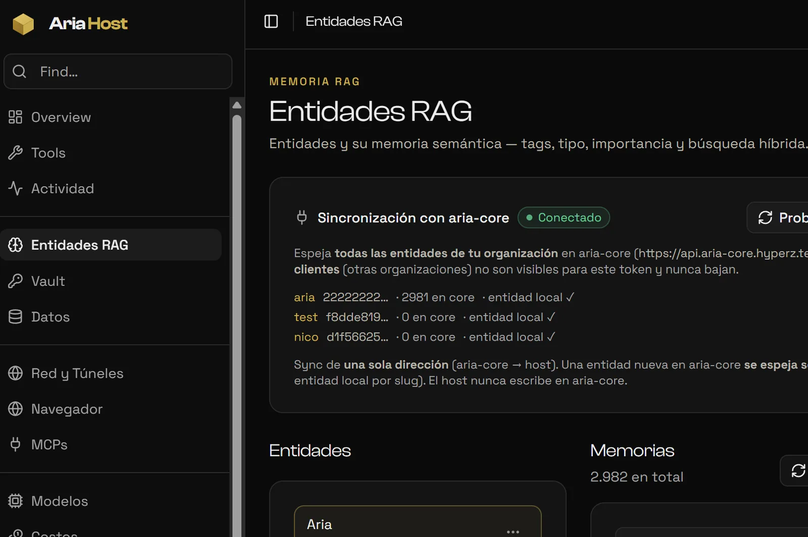 Entidades RAG: la memoria semántica de cada entidad, sincronizada con Aria Core.