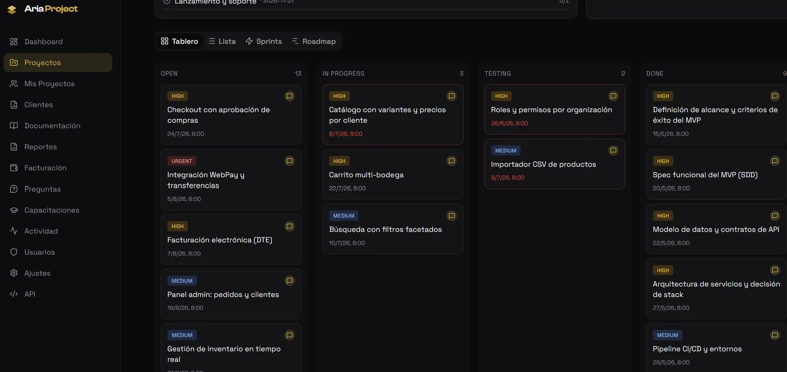 Kanban board: tasks with priority, deadline and criteria, across four progress states.