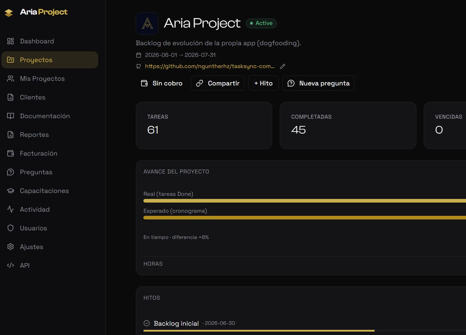 The project view: tasks, real progress vs. schedule and milestones — this is our own backlog.