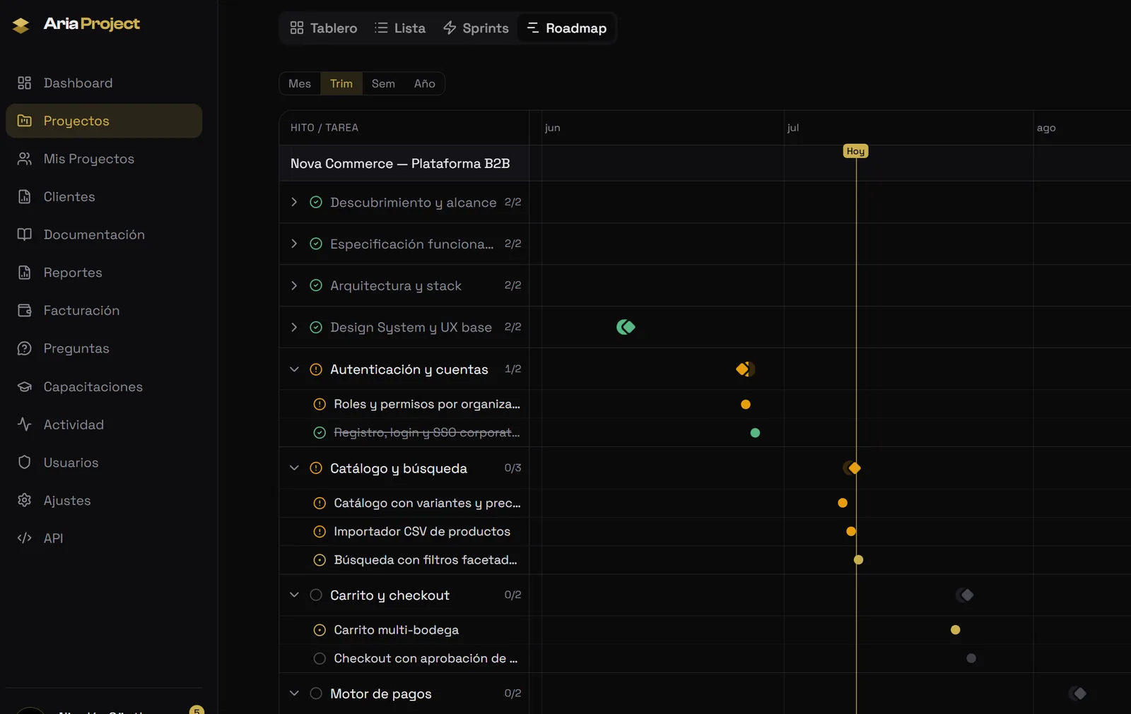 Roadmap: milestones and tasks on the timeline, with per-milestone progress and the today line.