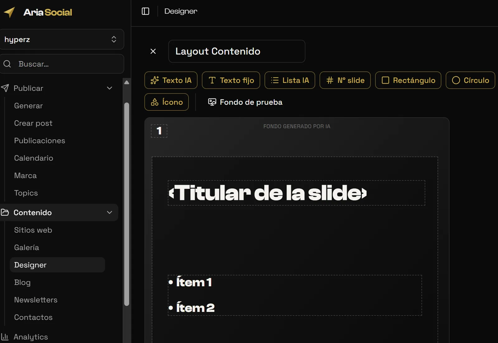 Designer: brand layouts with AI text and an exact preview of every slide.