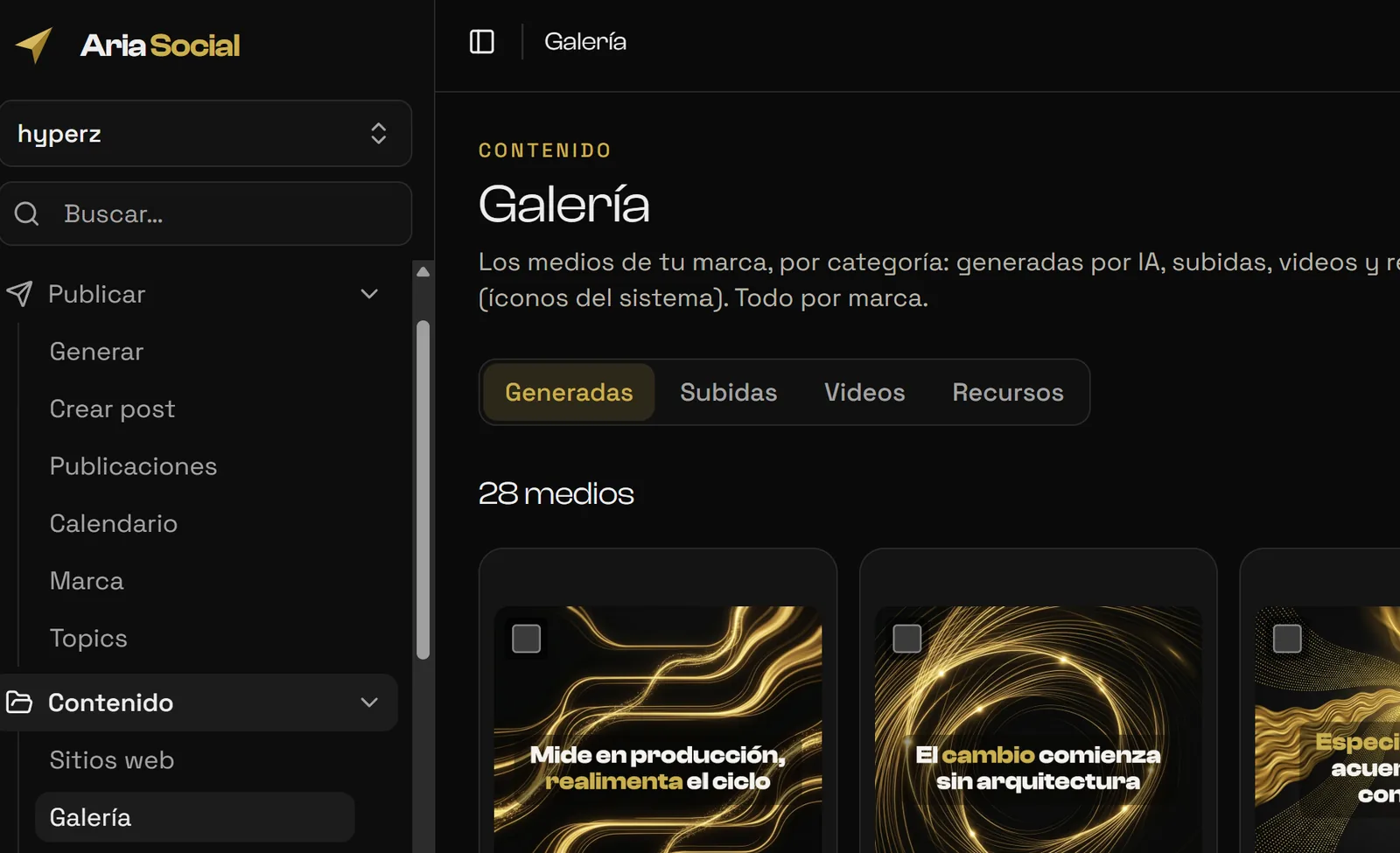 Gallery: your brand's media by category — AI-generated, uploads and videos.